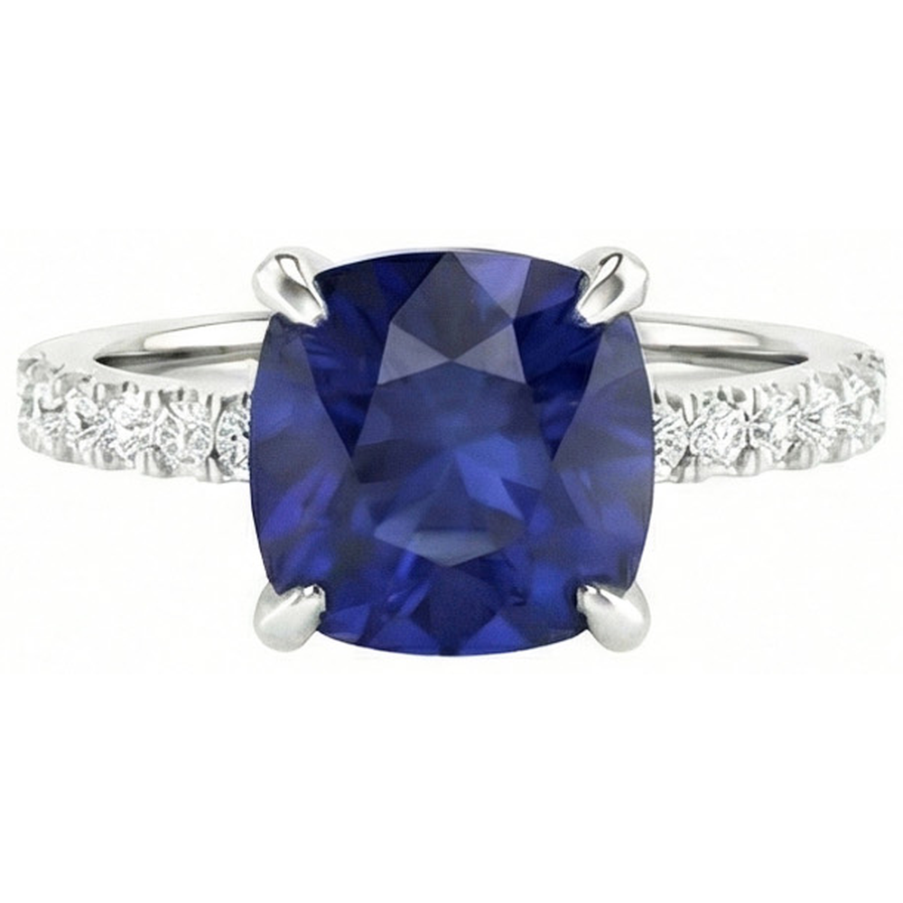 Cushion Ceylon Sapphire And Natural Earth Mined Diamond ( Not Lab Grown )s 2.90 Ct Ring White Gold 14K