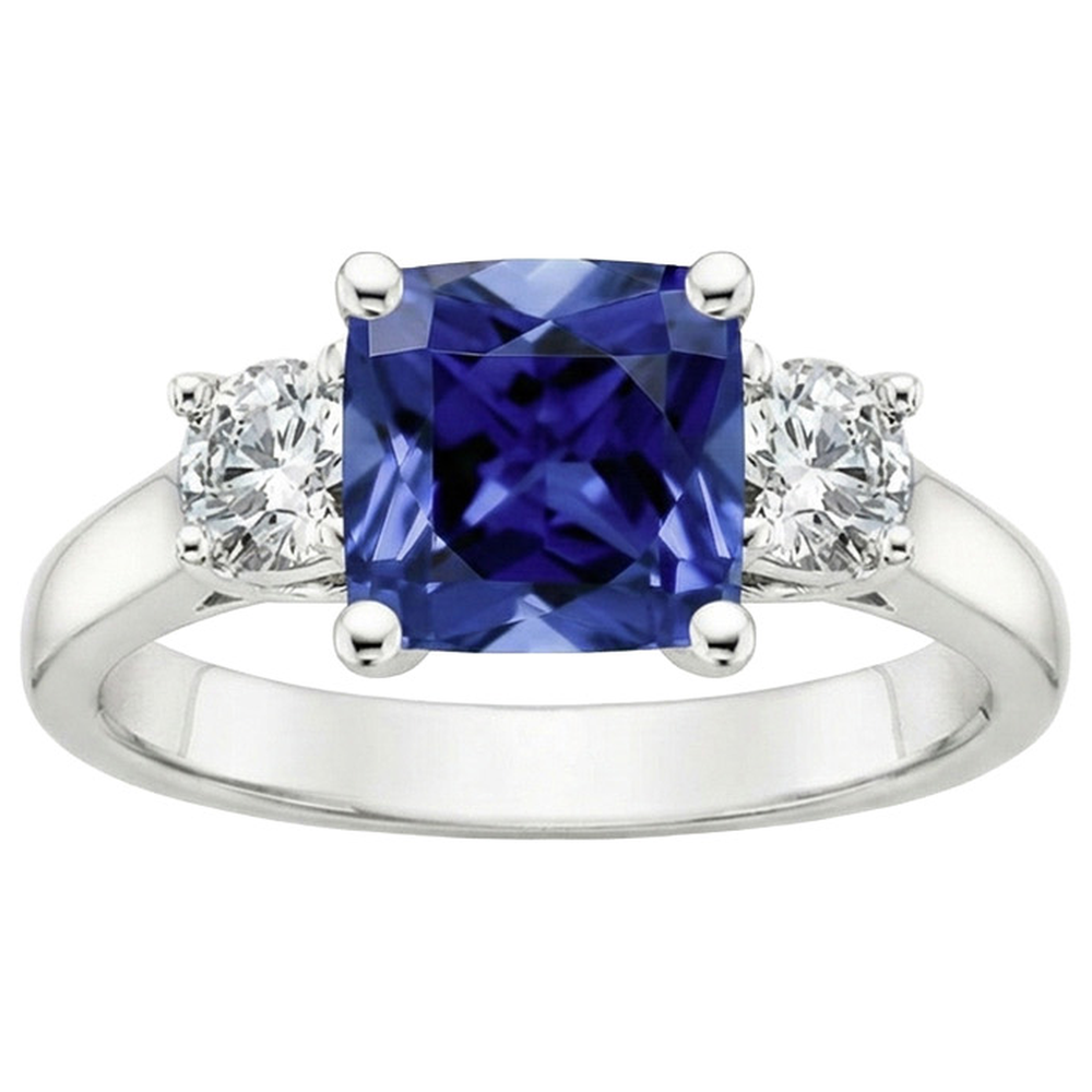 Cushion Ceylon Sapphire Natural Earth Mined Diamond ( Not Lab Grown ) 3 Stone Ring 3.25 Carats