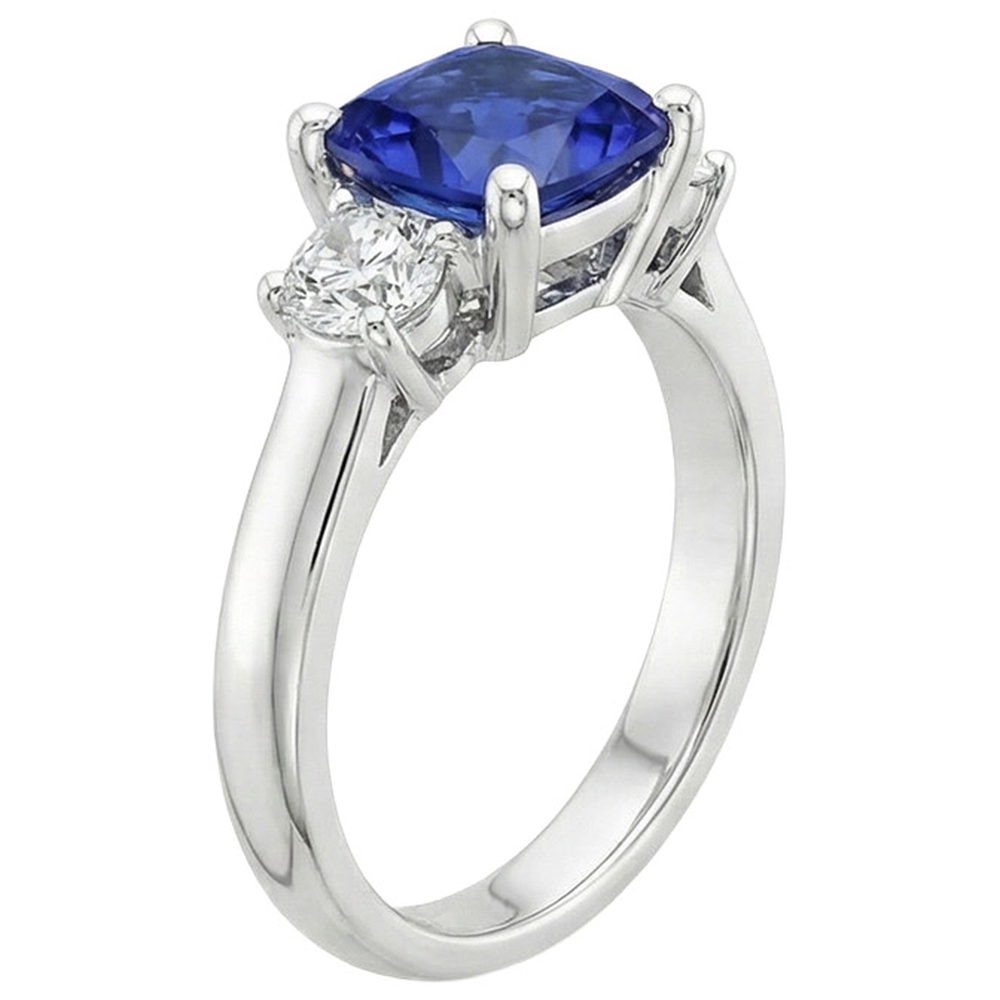 Cushion Ceylon Sapphire Natural Earth Mined Diamond ( Not Lab Grown ) 3 Stone Ring 3.25 Carats