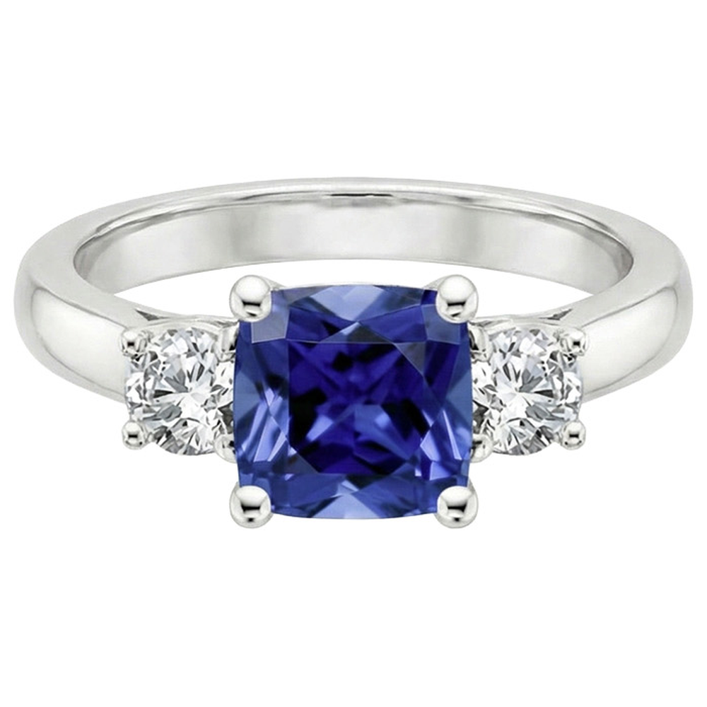 Cushion Ceylon Sapphire Natural Earth Mined Diamond ( Not Lab Grown ) 3 Stone Ring 3.25 Carats
