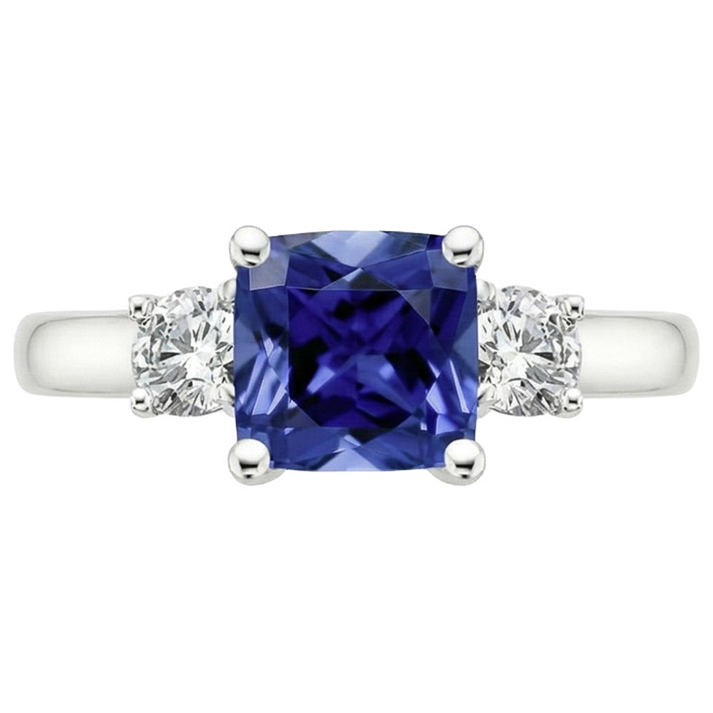 Cushion Ceylon Sapphire Natural Earth Mined Diamond ( Not Lab Grown ) 3 Stone Ring 3.25 Carats