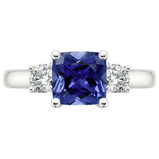 Cushion Ceylon Sapphire Natural Earth Mined Diamond ( Not Lab Grown ) 3 Stone Ring 3.25 Carats
