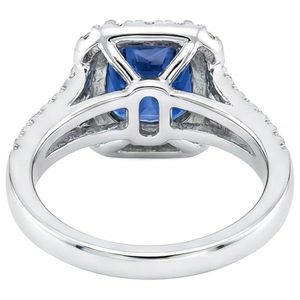 Cushion Ceylon Sapphire Natural Earth Mined Diamond ( Not Lab Grown )  Ring Accents 3 Carats WG 14K