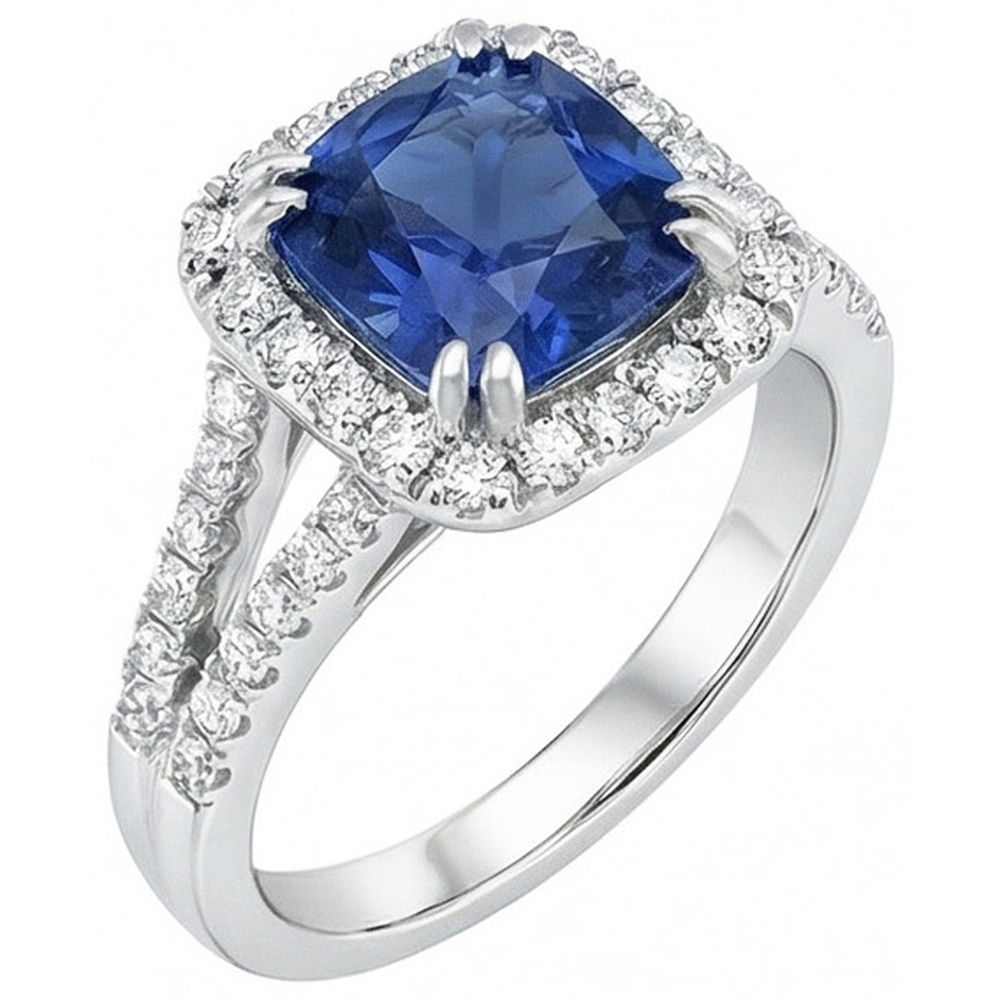 Cushion Ceylon Sapphire Natural Earth Mined Diamond ( Not Lab Grown )  Ring Accents 3 Carats WG 14K