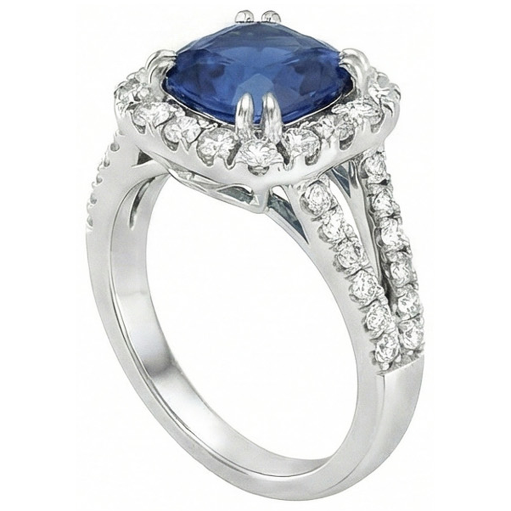 Cushion Ceylon Sapphire Natural Earth Mined Diamond ( Not Lab Grown )  Ring Accents 3 Carats WG 14K