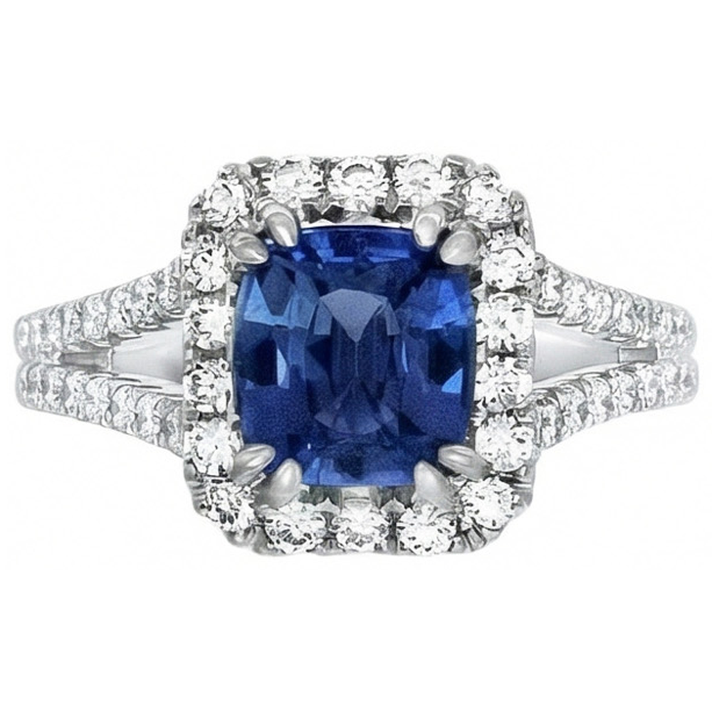 Cushion Ceylon Sapphire Natural Earth Mined Diamond ( Not Lab Grown )  Ring Accents 3 Carats WG 14K