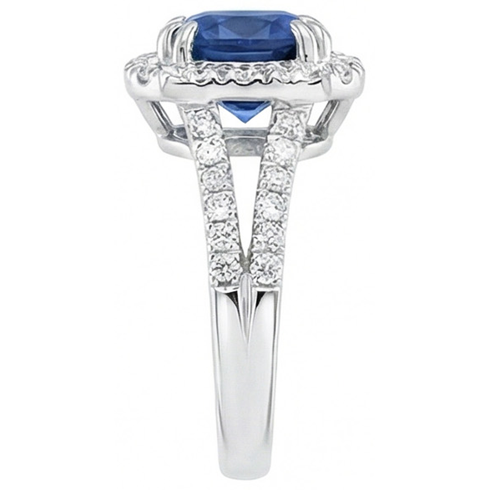 Cushion Ceylon Sapphire Natural Earth Mined Diamond ( Not Lab Grown )  Ring Accents 3 Carats WG 14K