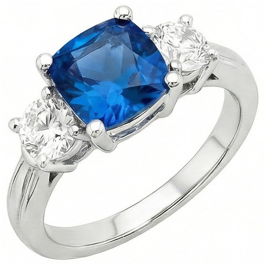 Cushion Ceylon Sapphire Round Natural Earth Mined Diamond ( Not Lab Grown ) s 4.50 Carat 3-Stone Ring