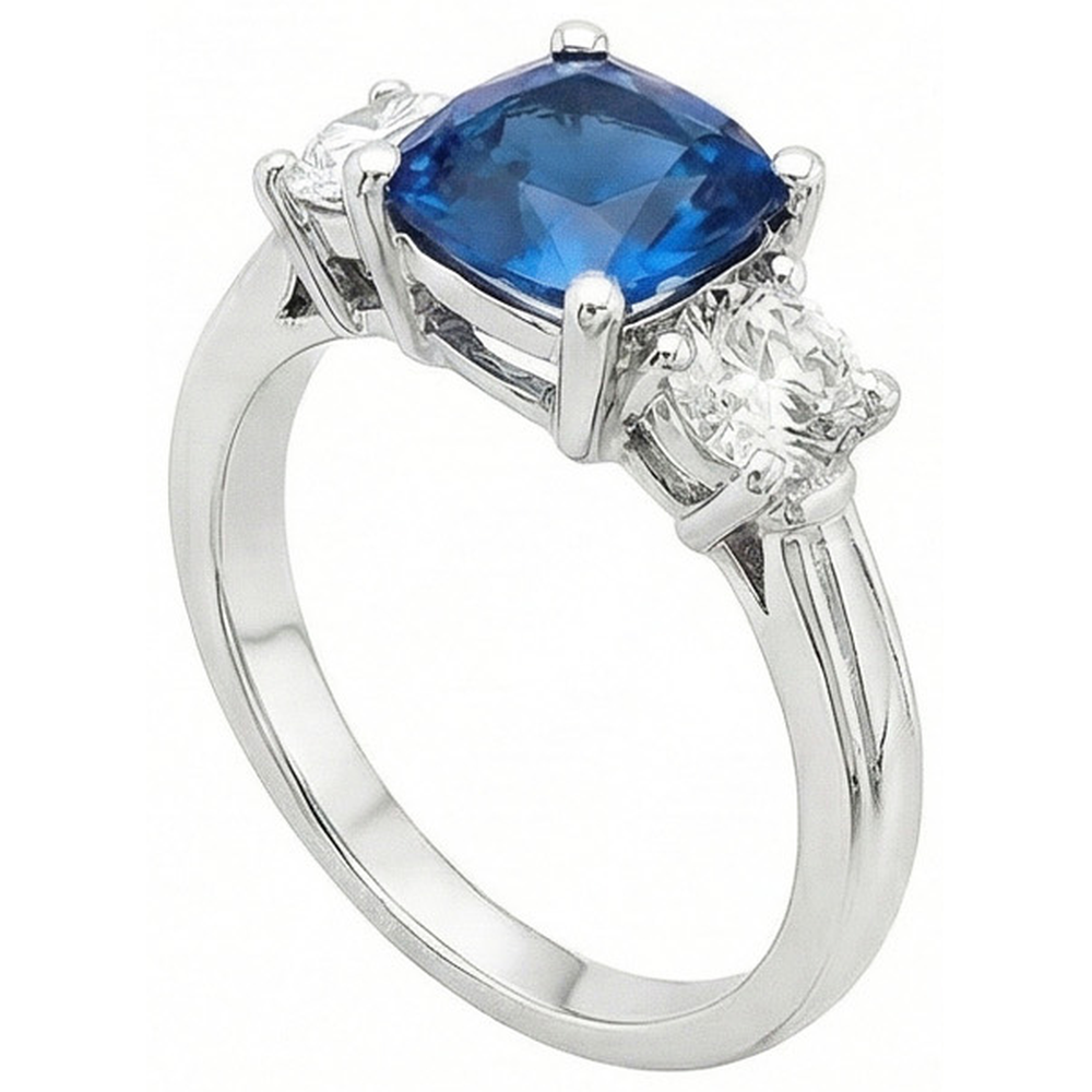 Cushion Ceylon Sapphire Round Natural Earth Mined Diamond ( Not Lab Grown ) s 4.50 Carat 3-Stone Ring