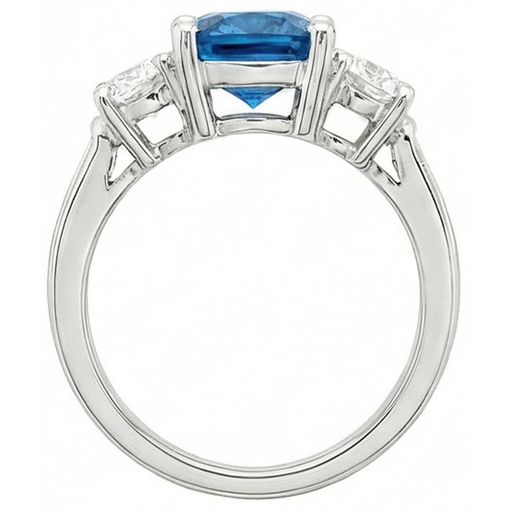 Cushion Ceylon Sapphire Round Natural Earth Mined Diamond ( Not Lab Grown ) s 4.50 Carat 3-Stone Ring