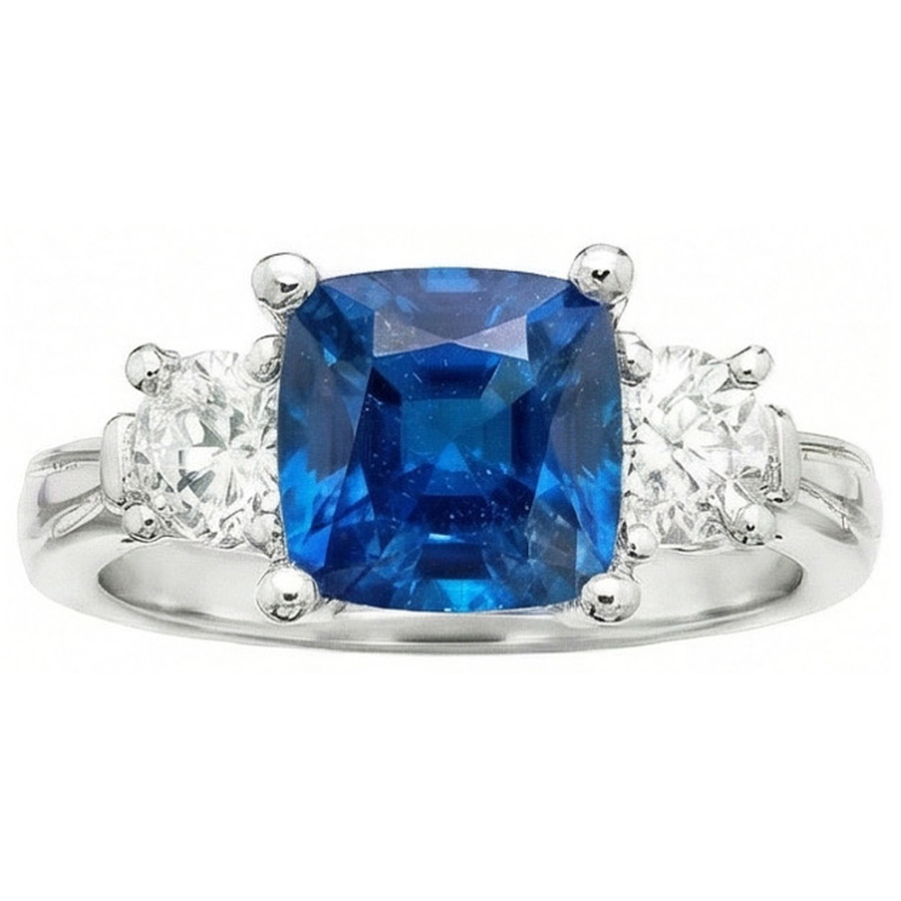 Cushion Ceylon Sapphire Round Natural Earth Mined Diamond ( Not Lab Grown ) s 4.50 Carat 3-Stone Ring