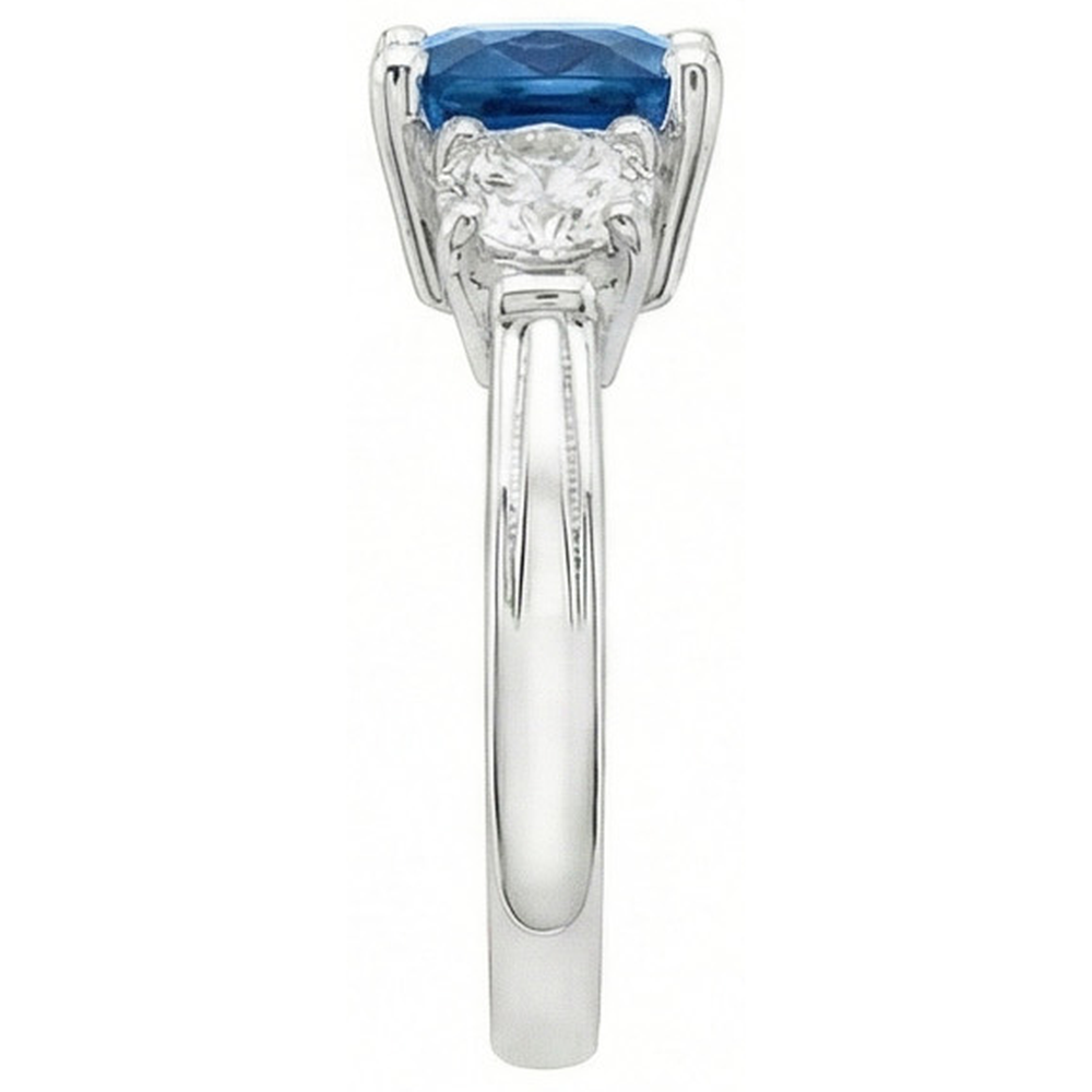 Cushion Ceylon Sapphire Round Natural Earth Mined Diamond ( Not Lab Grown ) s 4.50 Carat 3-Stone Ring