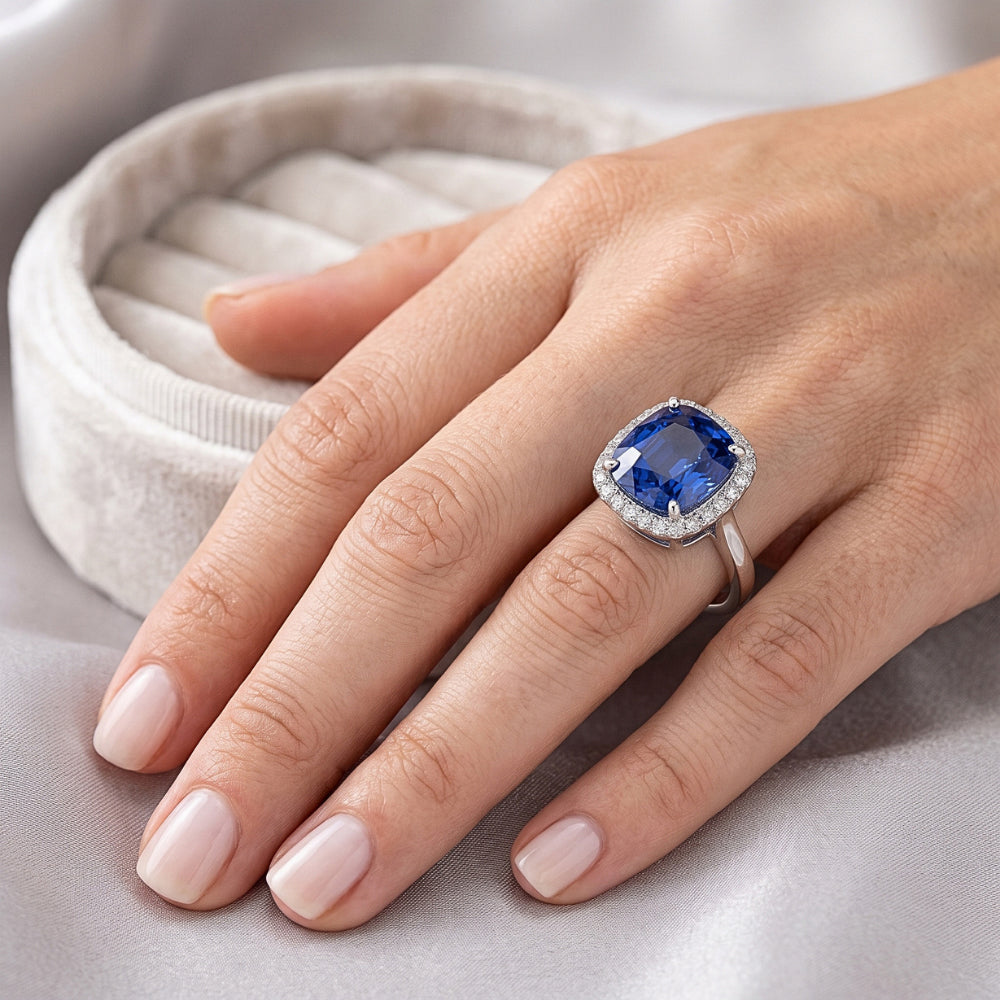 Cushion Cut Ceylon Sapphire Halo Ring