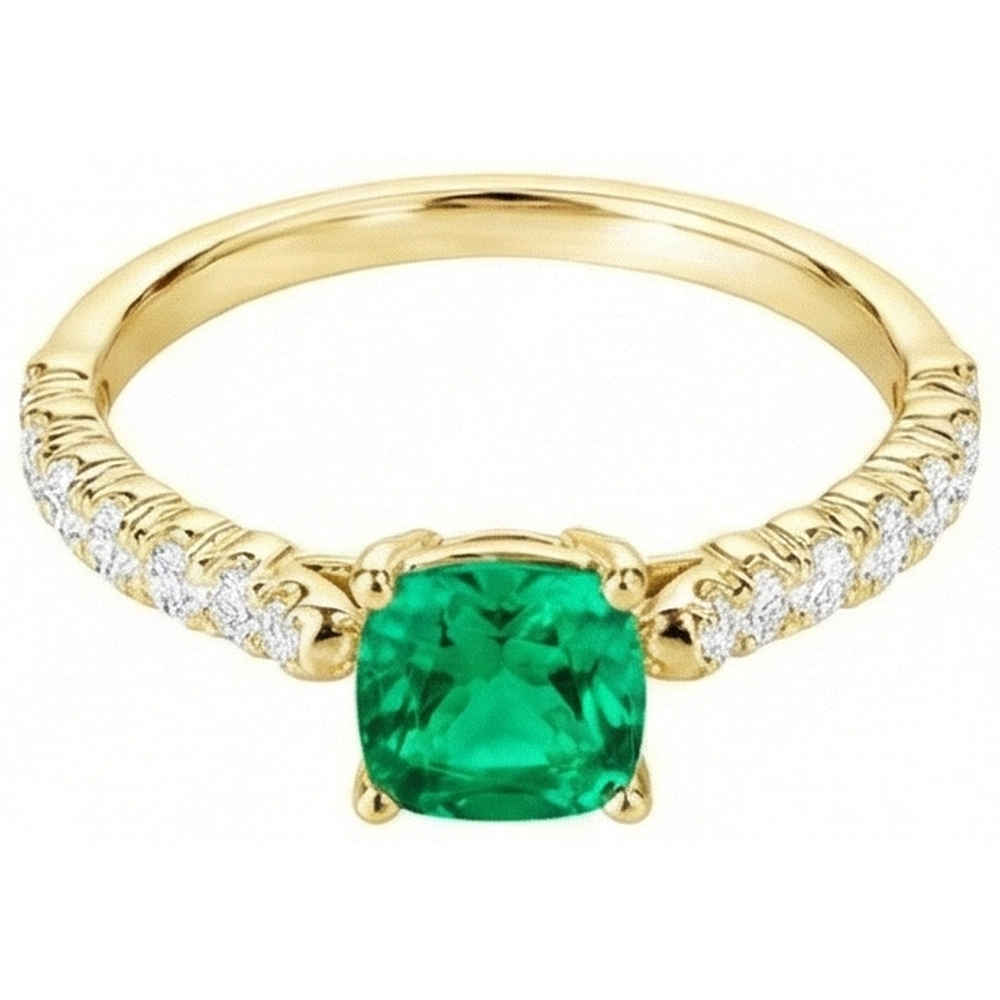 Cushion Emerald ring in 14 Karat Yellow Gold – angle view