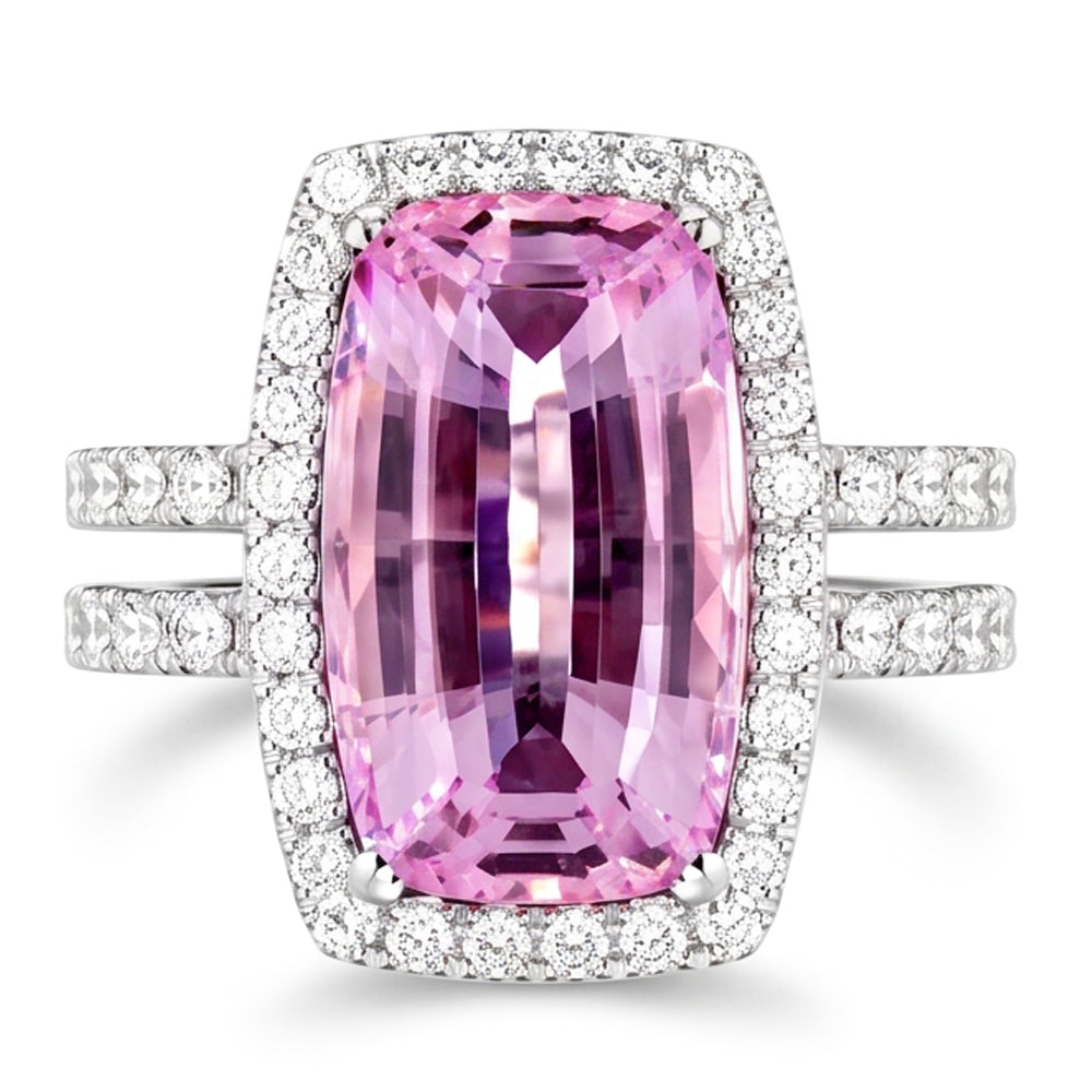 Cushion Cut Pink Kunzite 24.50 Ct Natural Earth Mined Diamond ( Not Lab Grown ) Ring White Gold Lady Jewelry