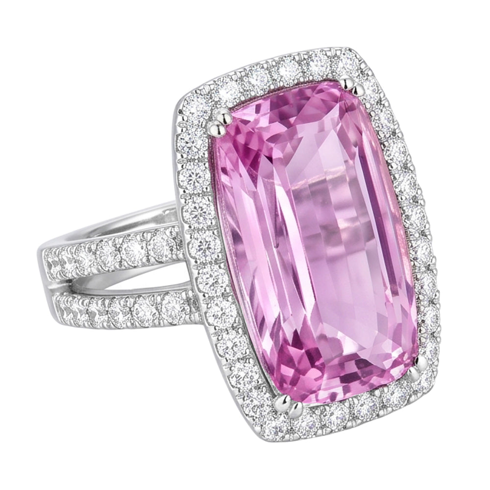 Cushion Cut Pink Kunzite 24.50 Ct Natural Earth Mined Diamond ( Not Lab Grown ) Ring White Gold Lady Jewelry