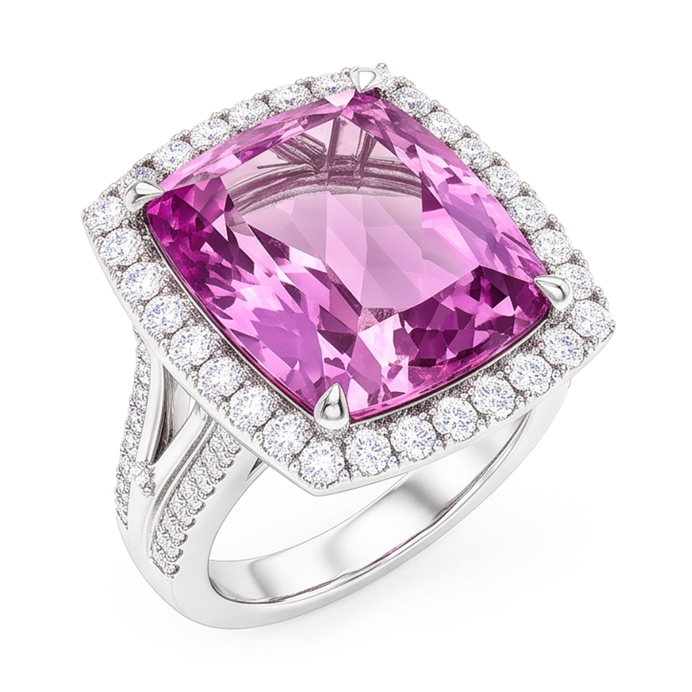 Cushion Cut Pink Kunzite Natural Earth Mined Diamond ( Not Lab Grown ) Fancy Ring 16.20 Carats White Gold