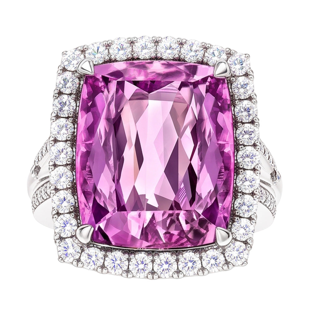 Cushion Cut Pink Kunzite Natural Earth Mined Diamond ( Not Lab Grown ) Fancy Ring 16.20 Carats White Gold