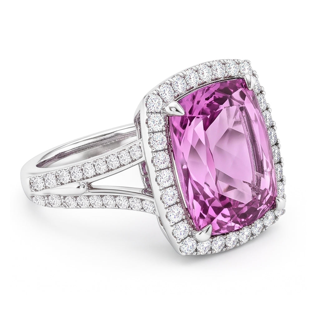 Cushion Cut Pink Kunzite Natural Earth Mined Diamond ( Not Lab Grown ) Fancy Ring 16.20 Carats White Gold