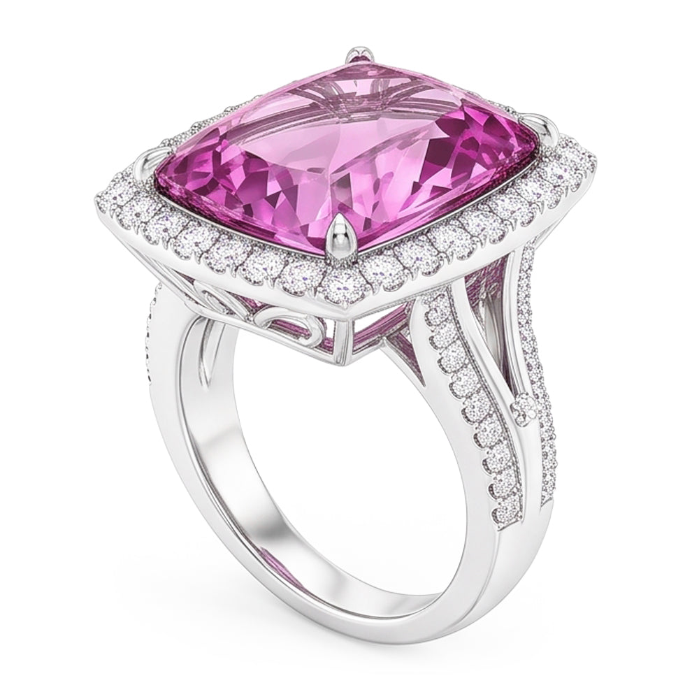 Cushion Cut Pink Kunzite Natural Earth Mined Diamond ( Not Lab Grown ) Fancy Ring 16.20 Carats White Gold