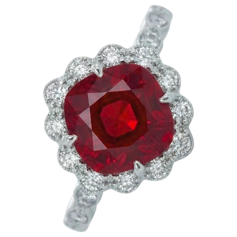 Cushion Cut Red Ruby Natural Earth Mined Diamond ( Not Lab Grown )  Ring White Gold 14K 2.45 Carats