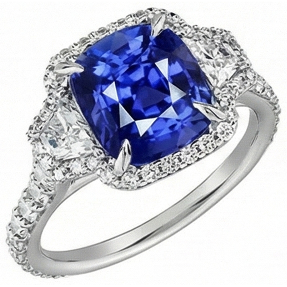 Cushion Cut Sapphire And Natural Earth Mined Diamond ( Not Lab Grown ) Halo Ring