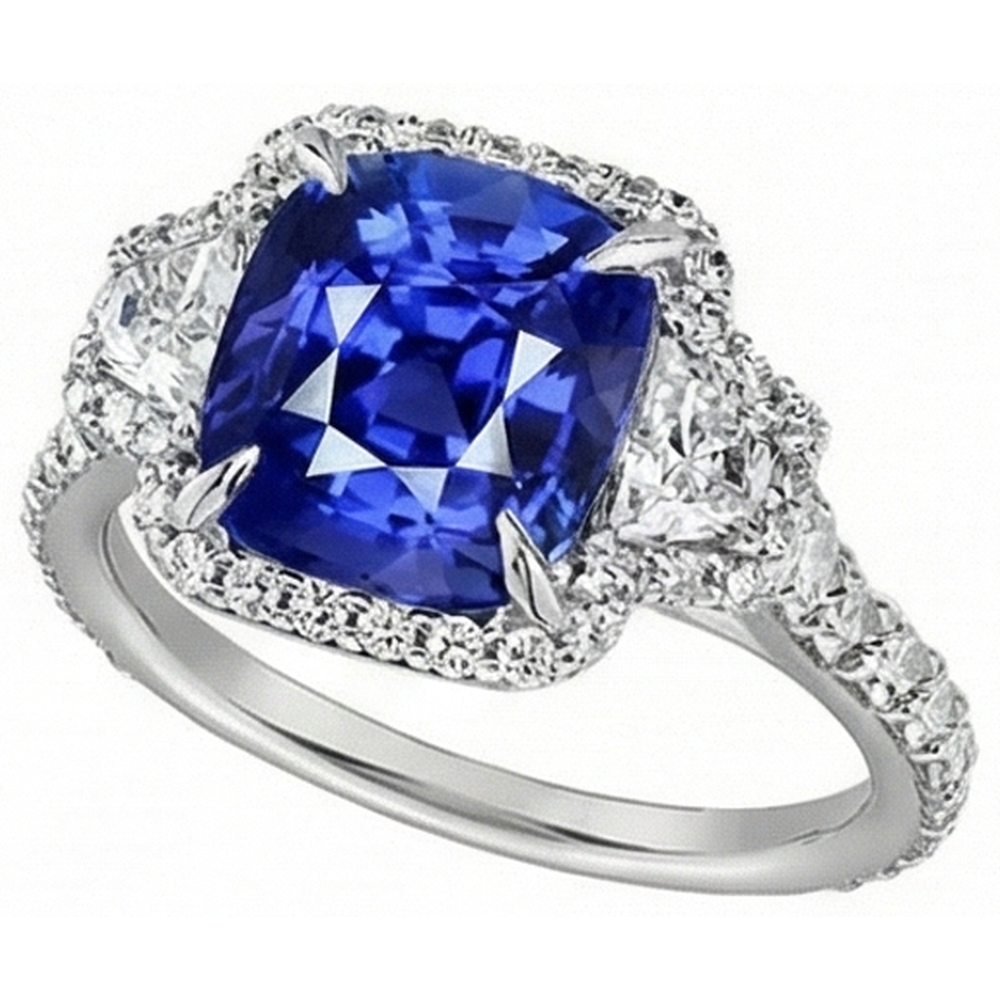 Cushion Cut Sapphire And Natural Earth Mined Diamond ( Not Lab Grown ) Halo Ring