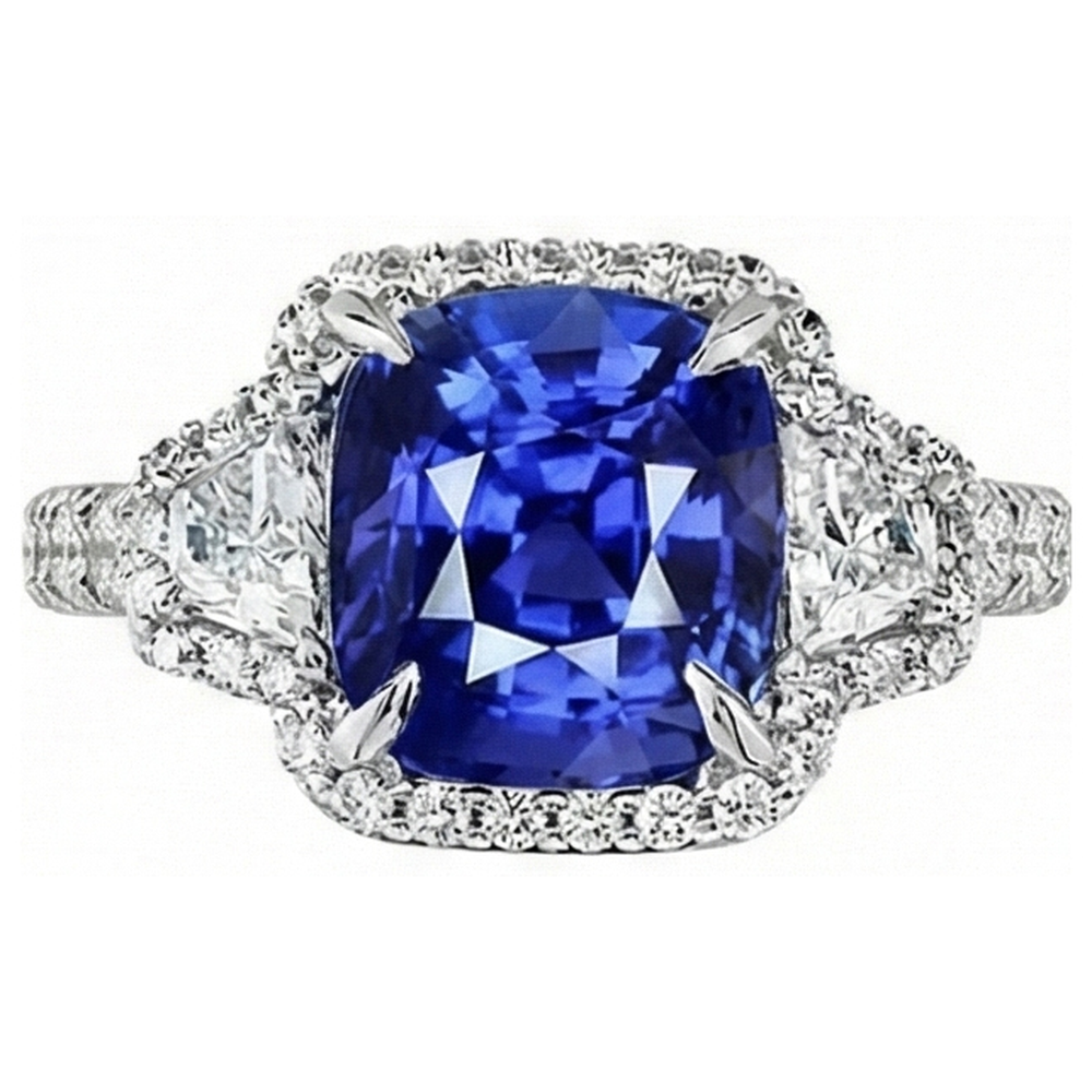 Cushion Cut Sapphire And Natural Earth Mined Diamond ( Not Lab Grown ) Halo Ring