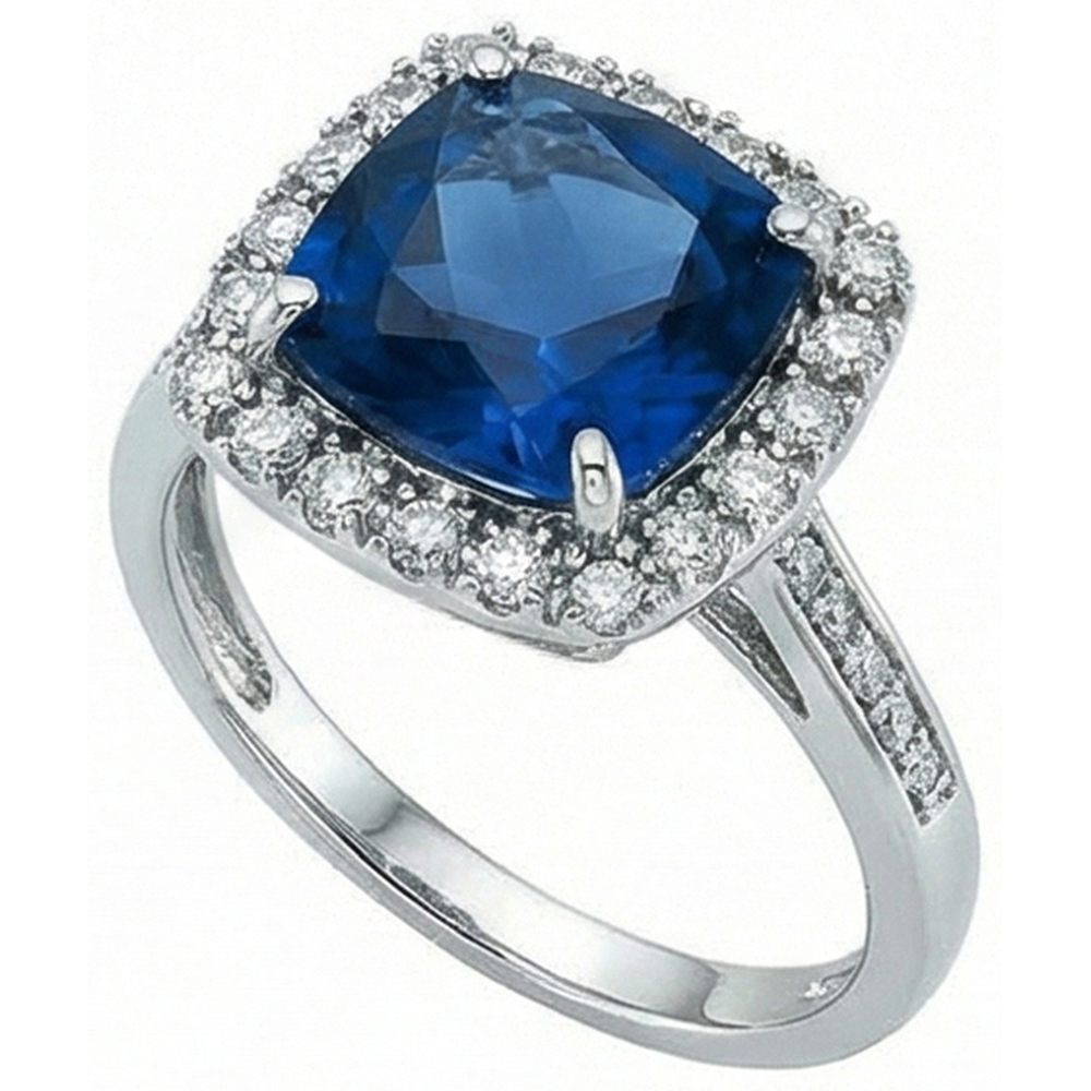 Cushion Cut Sapphire With Natural Earth Mined Diamond ( Not Lab Grown ) Wedding Ring 3 Ct. White Gold 14K