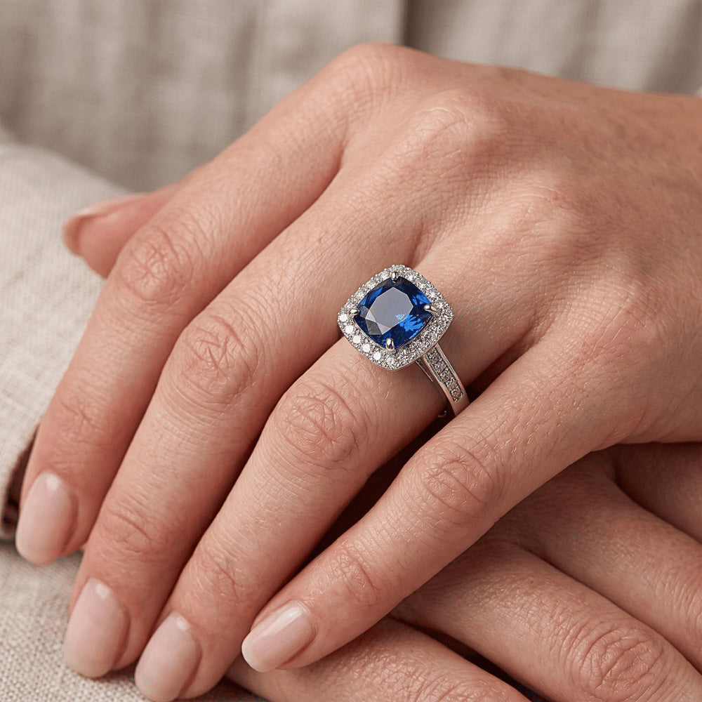 Cushion Cut Sapphire With Natural Earth Mined Diamond ( Not Lab Grown ) Wedding Ring 3 Ct. White Gold 14K