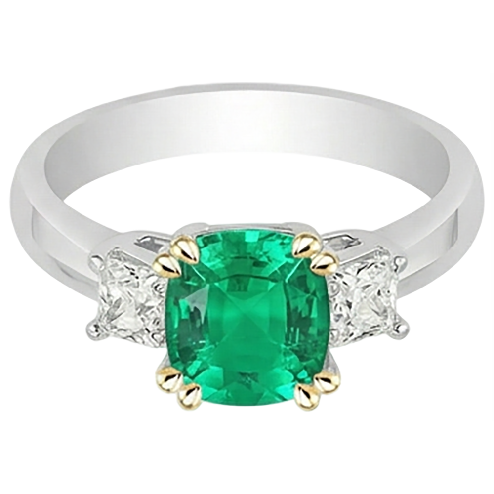 Cushion Cut Fine Emerald ring in 14 Karat Two Tone Gold – side view