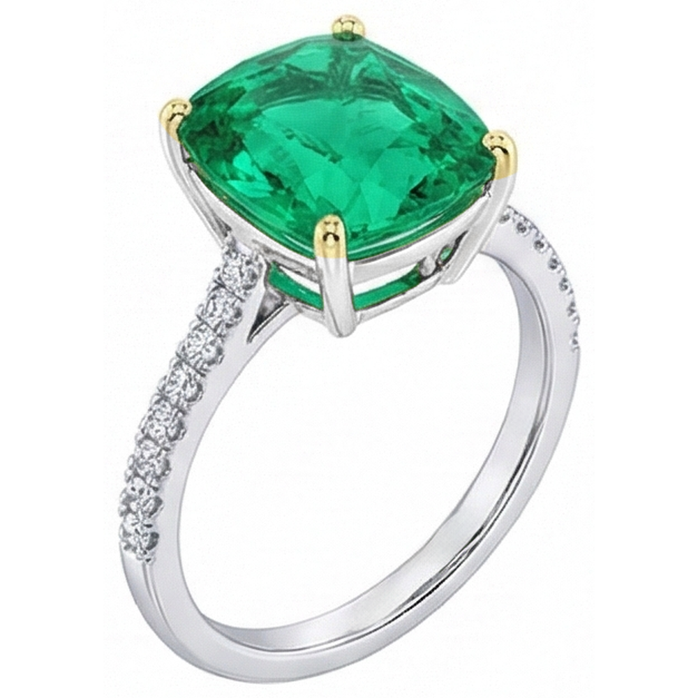Authentic Colombian Emerald Precious Stone Ring 3.50 ct 14 Karat Two Tone Gold – front view