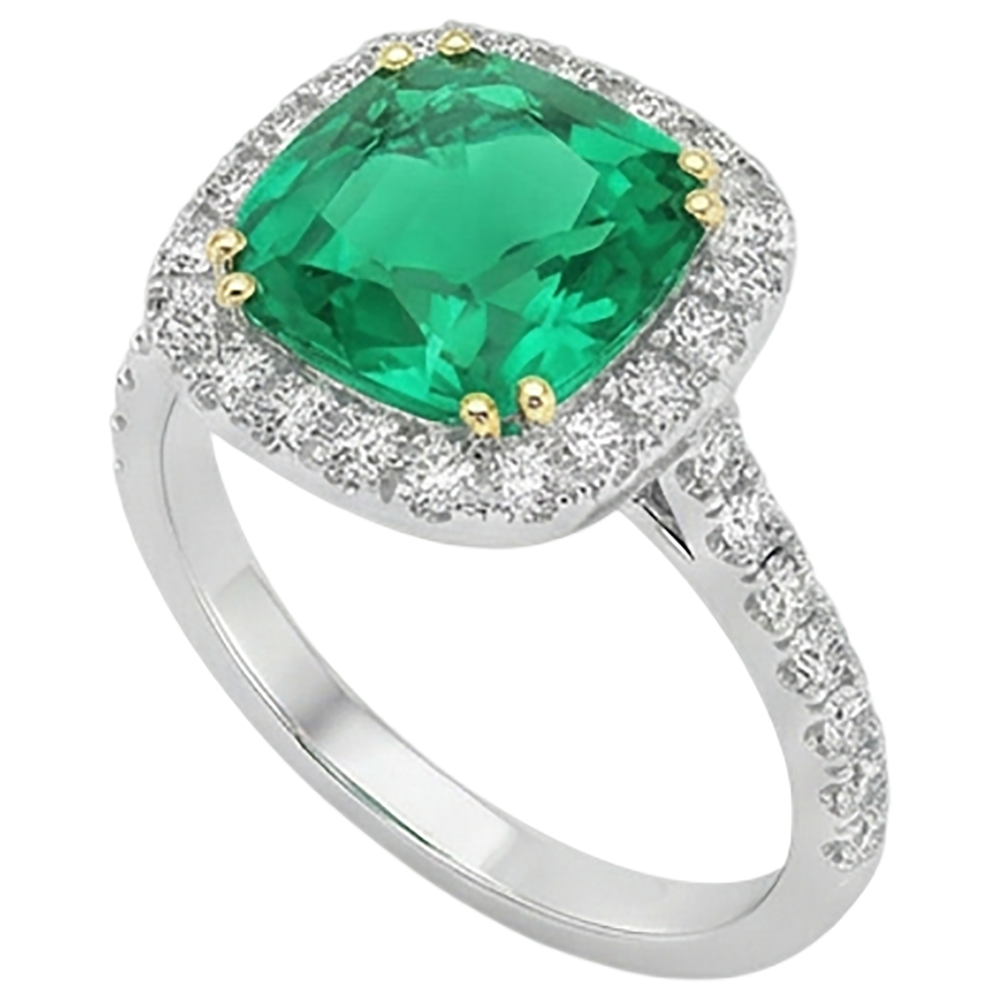 Fine Emerald Cushion Colored Stone Ring in 14 Karat Two Tone Gold – profile view