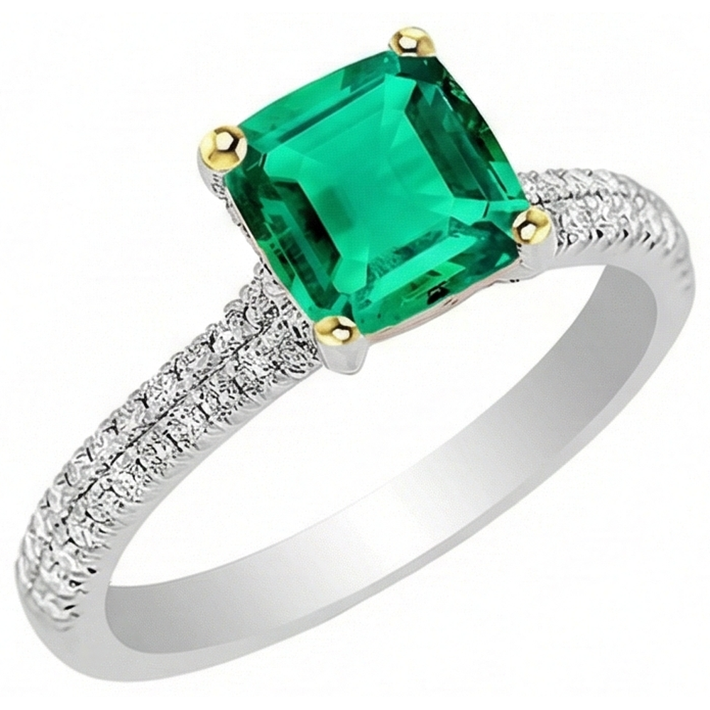 Cushion Cut Emerald ring in 14K Two Tone Gold – side view