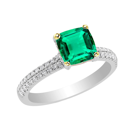 Emerald Cushion Cut Precious Stone Ring in 14K Two Tone Gold – main view