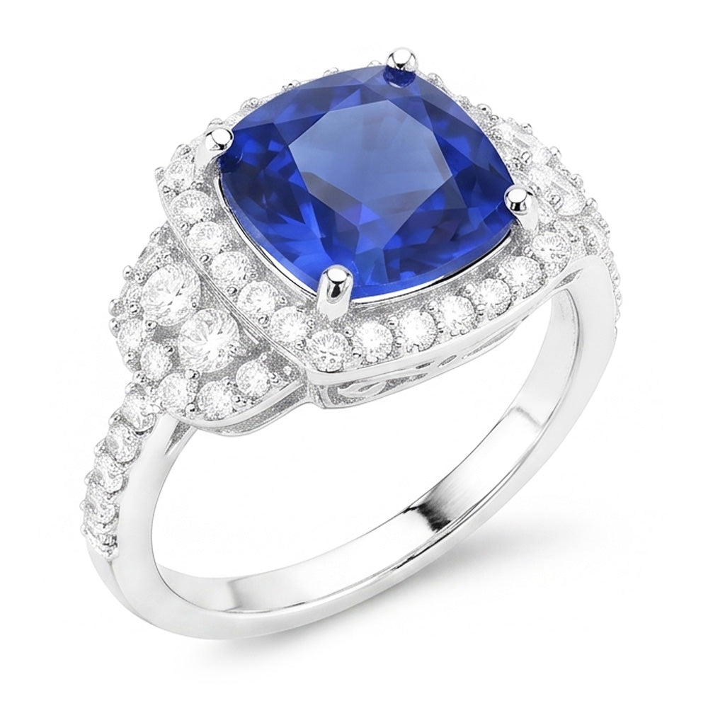 Cushion Halo Blue Sapphire Ring White Gold 14K Natural Earth Mined Diamond ( Not Lab Grown )s 5 Carats
