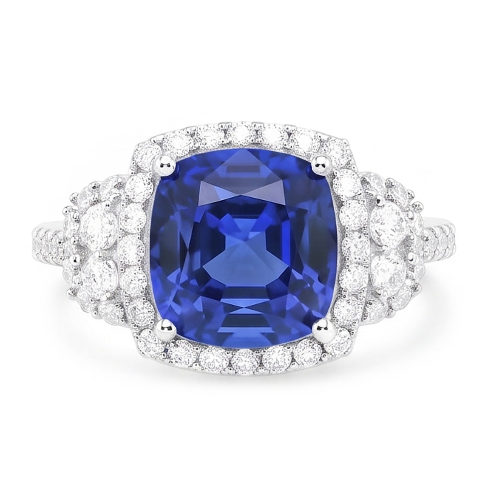 Cushion Halo Blue Sapphire Ring White Gold 14K Natural Earth Mined Diamond ( Not Lab Grown )s 5 Carats