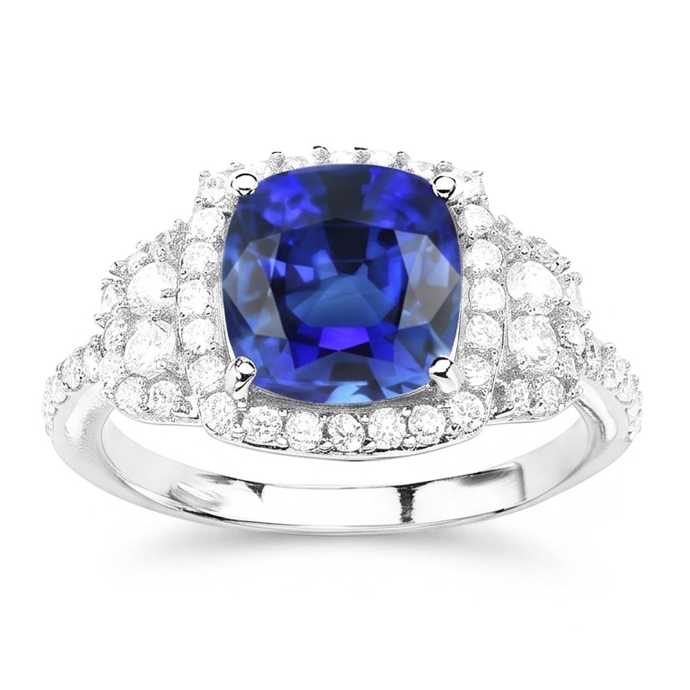 Cushion Halo Blue Sapphire Ring White Gold 14K Natural Earth Mined Diamond ( Not Lab Grown )s 5 Carats