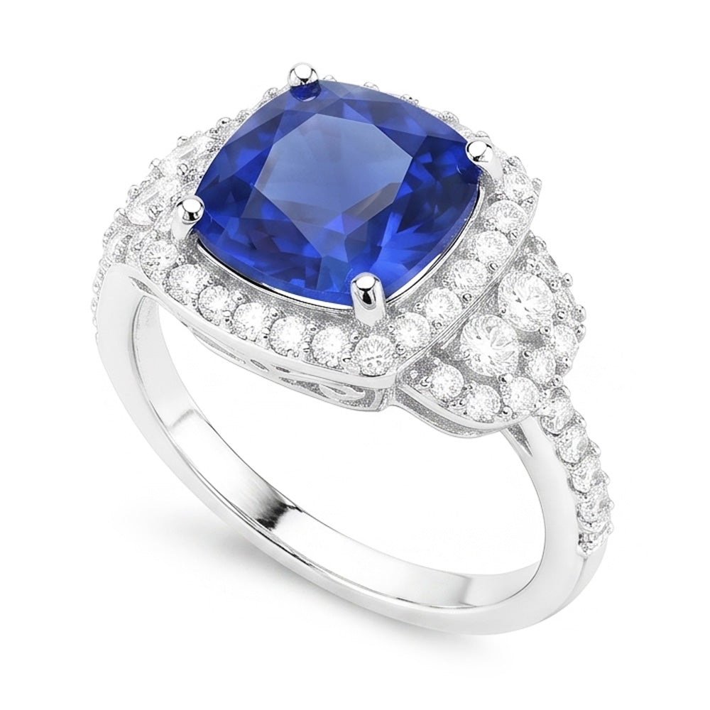 Cushion Halo Blue Sapphire Ring White Gold 14K Natural Earth Mined Diamond ( Not Lab Grown )s 5 Carats