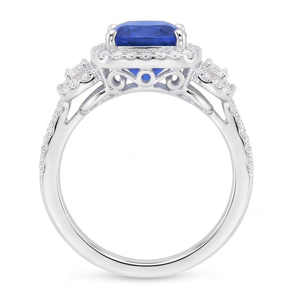 Cushion Halo Blue Sapphire Ring White Gold 14K Natural Earth Mined Diamond ( Not Lab Grown )s 5 Carats
