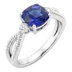 Cushion Sapphire 3 Stone Ring Split Shank 2.25 Carats Rope Style