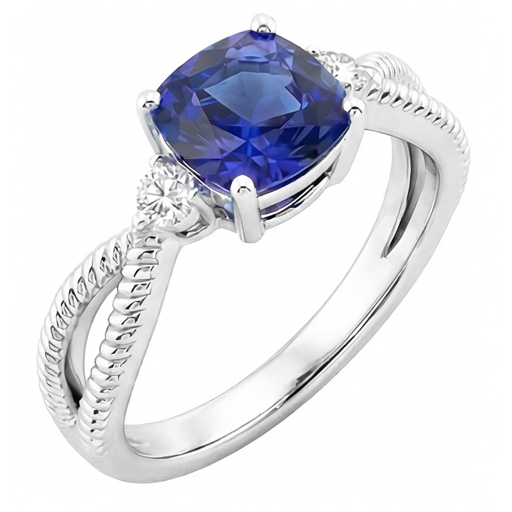 Cushion Sapphire 3 Stone Ring Split Shank 2.25 Carats Rope Style