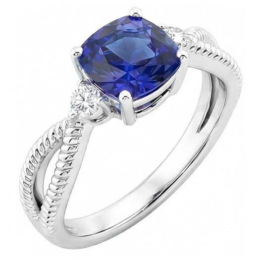 Cushion Sapphire 3 Stone Ring Split Shank 2.25 Carats Rope Style
