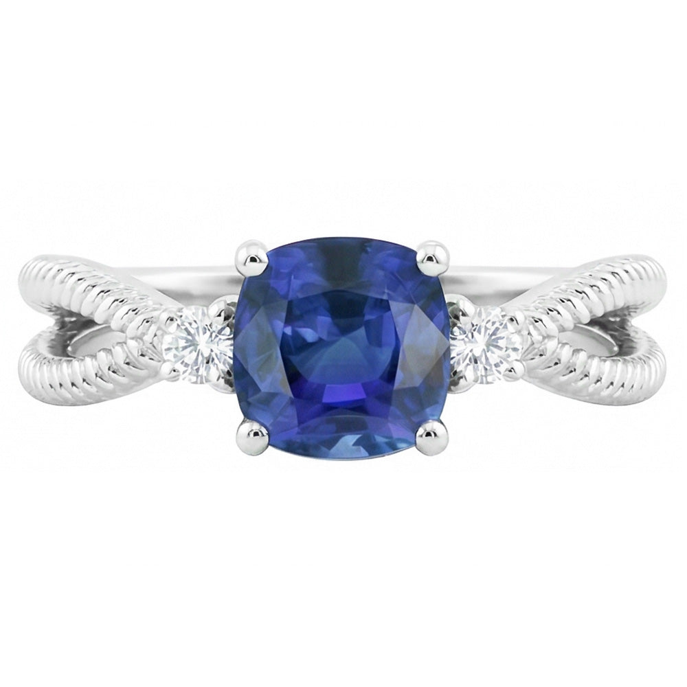 Cushion Sapphire 3 Stone Ring Split Shank 2.25 Carats Rope Style