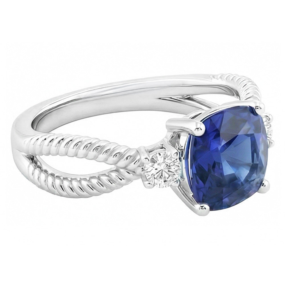 Cushion Sapphire 3 Stone Ring Split Shank 2.25 Carats Rope Style