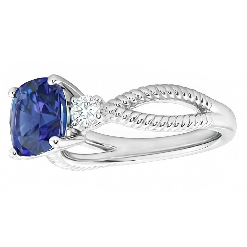 Cushion Sapphire 3 Stone Ring Split Shank 2.25 Carats Rope Style