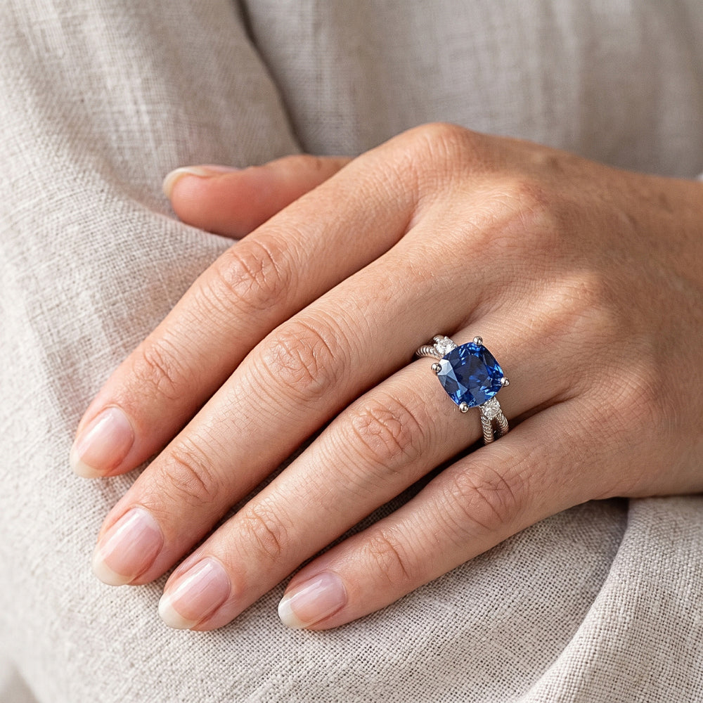Cushion Sapphire 3 Stone Ring Split Shank 2.25 Carats Rope Style