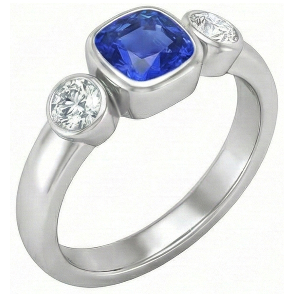 Cushion Sapphire Anniversary Ring 1.50 Carats Bezel Set Round Natural Earth Mined Diamond ( Not Lab Grown )s
