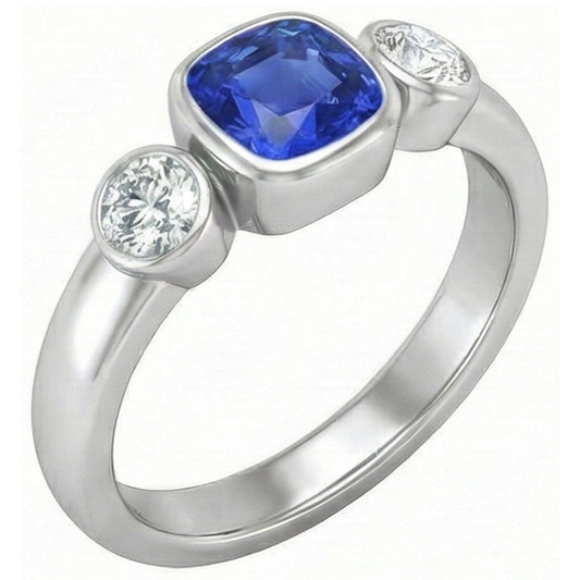 Cushion Sapphire Anniversary Ring 1.50 Carats Bezel Set Round Natural Earth Mined Diamond ( Not Lab Grown )s
