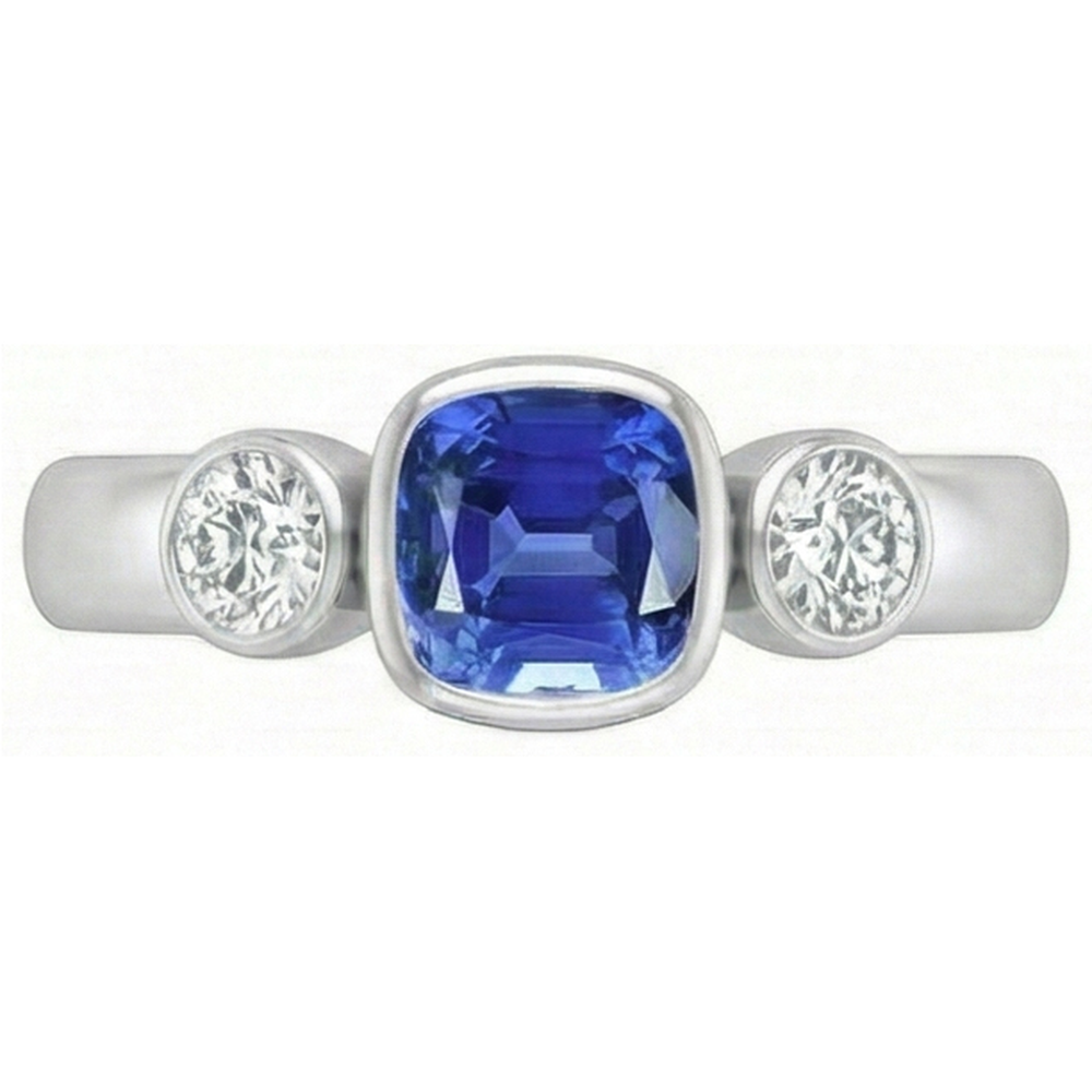 Cushion Sapphire Anniversary Ring 1.50 Carats Bezel Set Round Natural Earth Mined Diamond ( Not Lab Grown )s